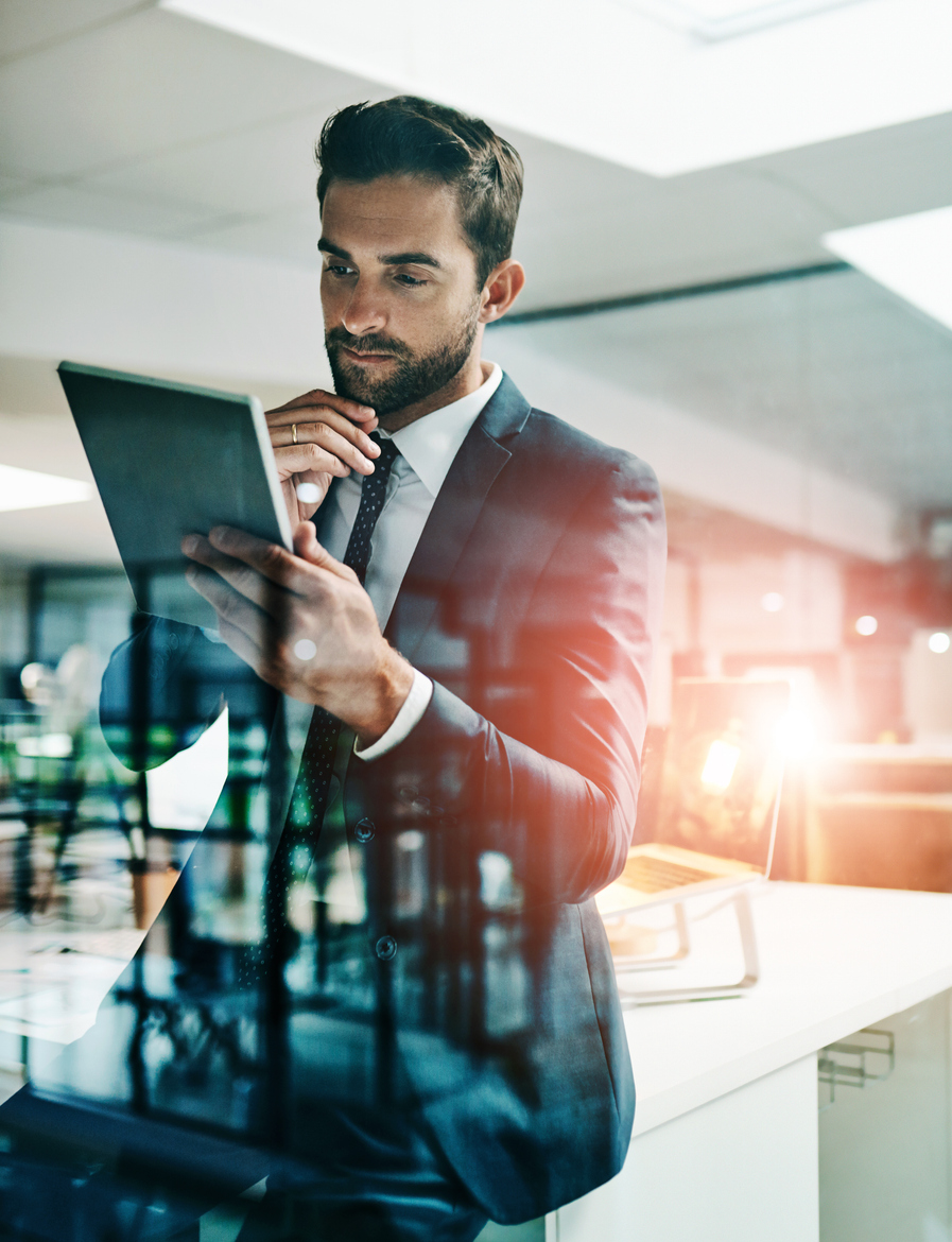 Reflection, businessman and tablet in office for reading, information or brainstorming in workplace. Man, lawyer or research on technology for thinking, evidence review or problem solving in law firm